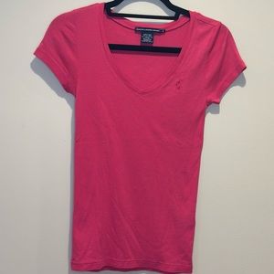 Pink fitted Ralph Lauren Sport v-neck t-shirt. Size small.